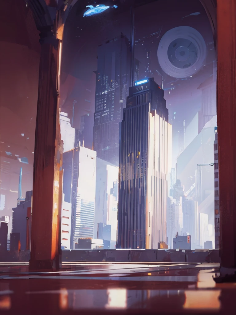 inside a luxury office building, tall columns, vaulted ceilings, spacious hall, interior of the future, space academy interior, behind the high arched windows there is a city with skyscrapers, spaceships fly across the sky, frame from the floor, illustration, white-gray shades, (((people are missing))), illustration для фона, even lighter