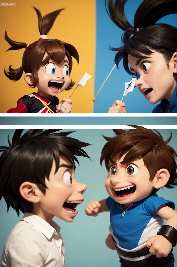 two animation characters arguing, each with a mini flag in their hands