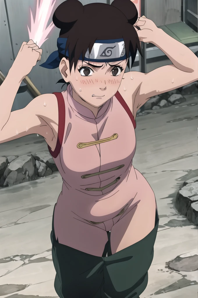 (masterpiece, 4K, Highest quality, anime style: 1.9, Detailed face, Lovely, Bold, High resolution, anime,  Curvaceous, Thighs,, (blush).Very slim belly, Cowboy Shot, (((One girl))),NARUTOanime風, Tenten,(((Sweaty))),(((armpits))),Pink Chinese dress,Dark green trousers,(((Show your armpits to your audience))),Raise one hand,(Accurate limbs)