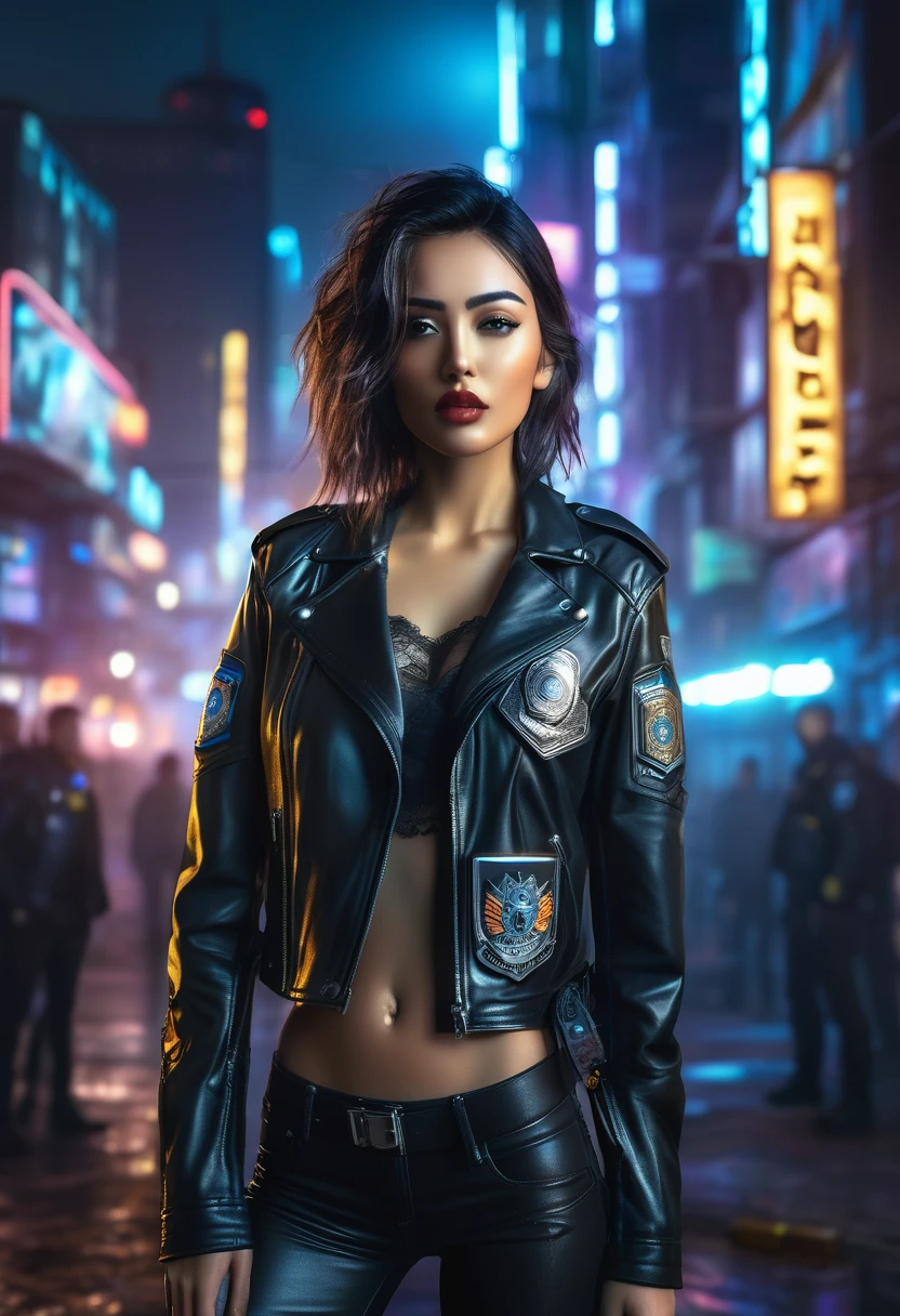 a beautiful young woman with intense cyberpunk city night behind her, wearing a leather jacket, lingerie, and black jeans, dramatic lighting, (police badge:1.2), detailed facial features, highly detailed, photorealistic, 8k, award winning art