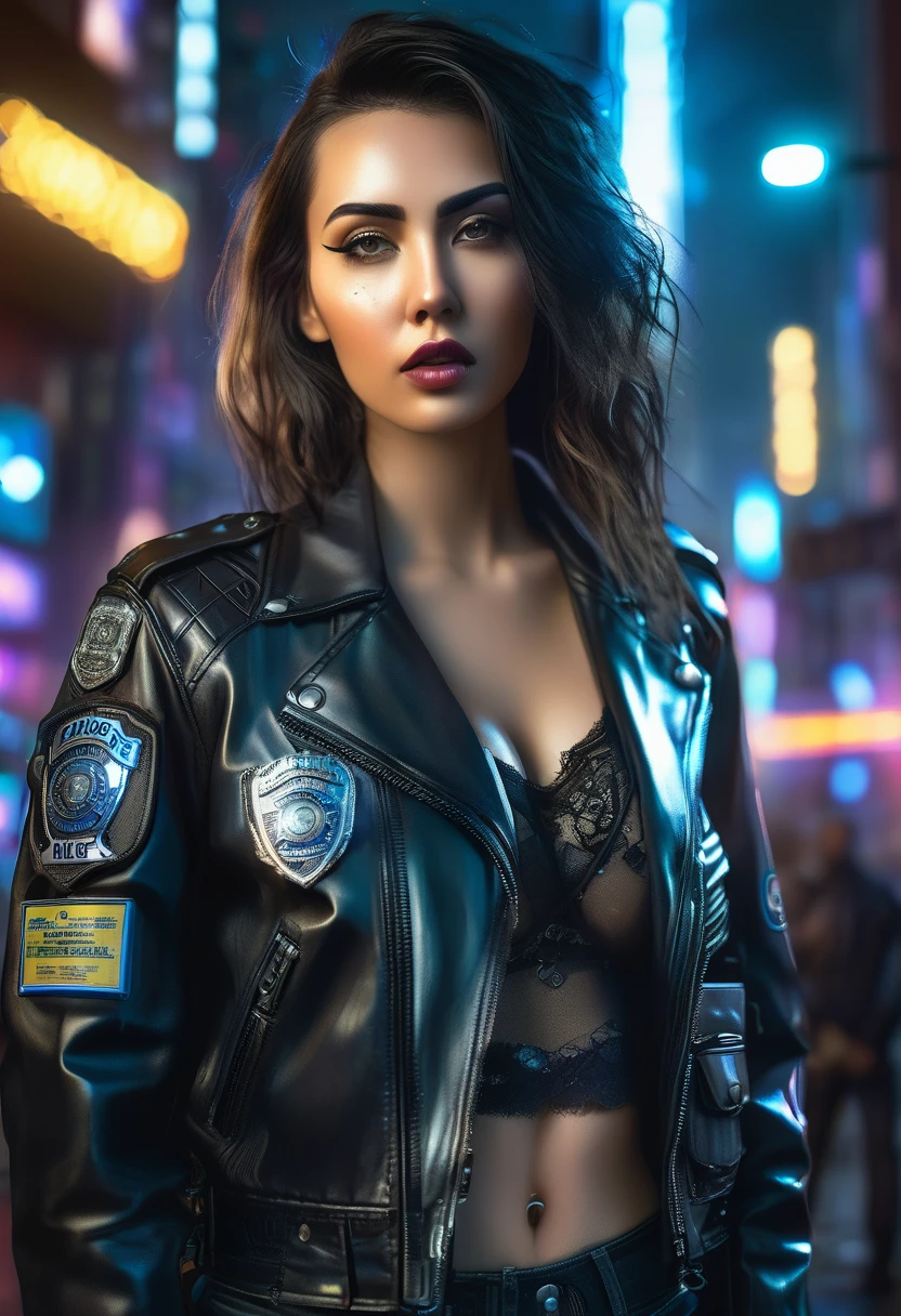 a beautiful young woman with intense cyberpunk city night behind her, wearing a leather jacket, , and black jeans, dramatic lighting, (police badge:1.2), detailed  features, highly detailed, photorealistic, 8k, award winning art