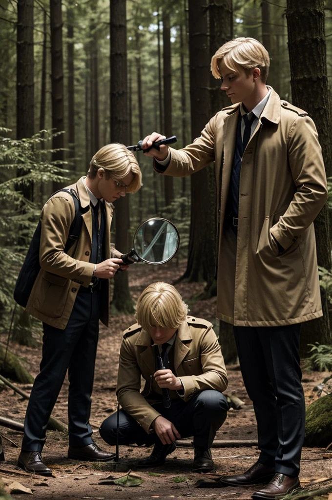 blonde detective with a magnifying glass detecting a body that was killed by his two brothers as shadows in the forest