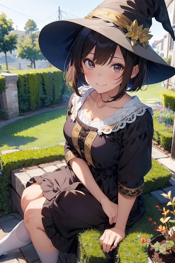 1girl, brown eyes, brown hair, bob cut, hair over one eye, blue robe, white shawl, gold trim, witch hat, smile, close-up, (masterpiece), ((best quality, intricate details, anime girl, witch, sitting in a garden