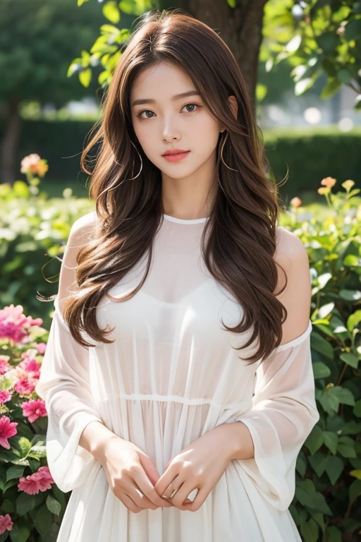 highest quality、4K、Beautiful lady、Perfect Face、Perfect Style、model、perfect body、Sunburn、beautiful lady、mature、long curly layer brown hair、Swept-back hair、full body, sexy 、charming、healthy、at flower garden