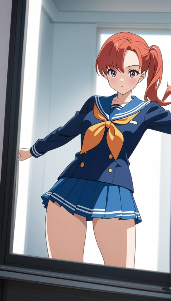 縞々のパンティが見えてる、後ろから(Anime artwork, Anime Style, Studio Anime, Very detailed, Latest, Vibrant, Anime Coloring, High Contrast, masterpiece:1.2, highest quality, Best aesthetics), A woman wearing a sailor suit, Pleated skirt, Medium chest, Thighs glimpsed, Redhead, Side Ponytail, Asymmetrical bangs, Perfect Proportions, Skin with attention to detail, cute, Detailed face, Dance Motion, Poses with action, (Accurate fingertips, Browse 4, Thumb 1),