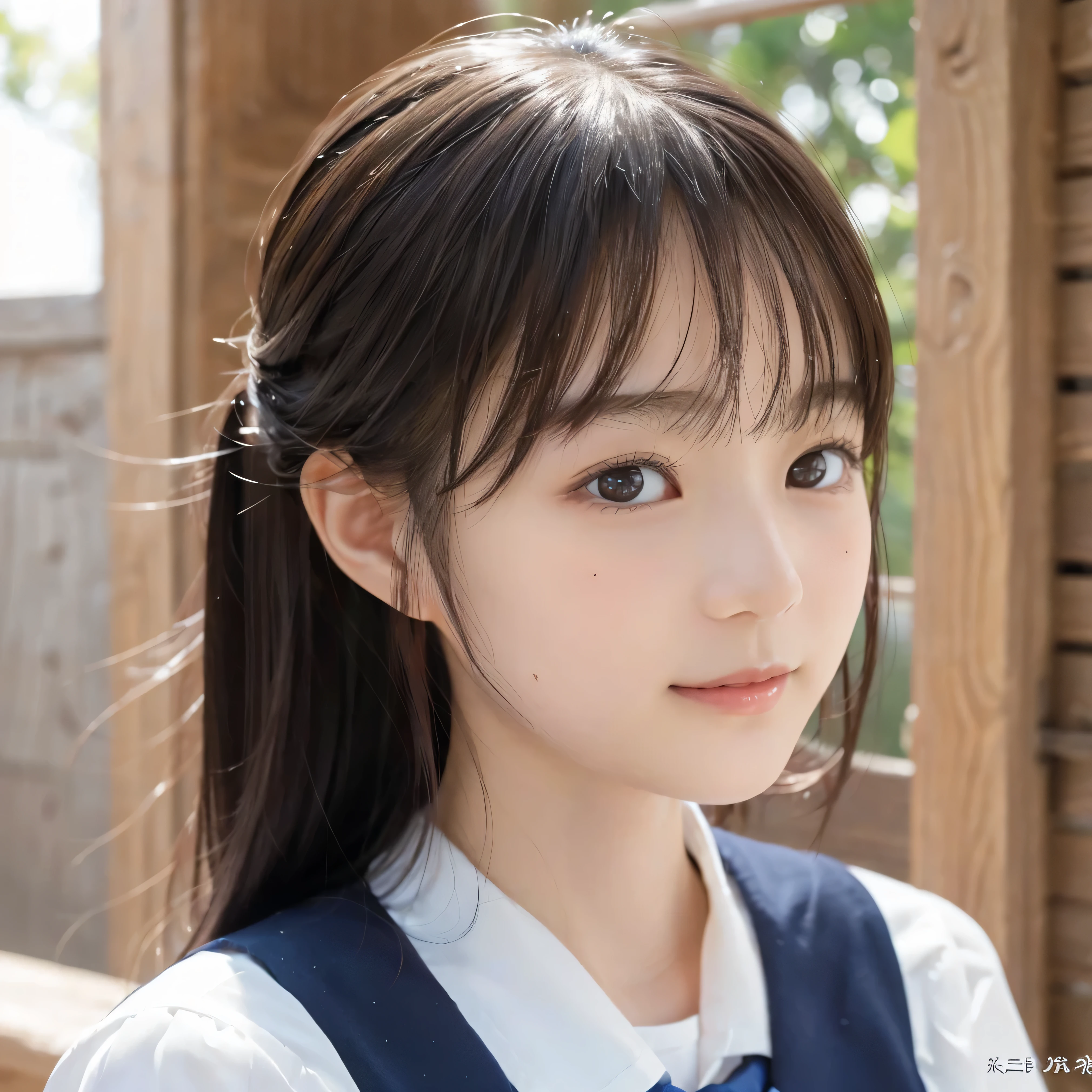 ((Cute 15 year old Japanese))、on the road、Highly detailed face、Pay attention to the details、double eyelid、Beautiful thin nose、Sharp focus:1.2、Beautiful woman:1.4、Cute Hairstyles、Pure white skin、Highest quality、masterpiece、Ultra-high resolution、(Realistic:1.4)、Highly detailed and professional lighting、nice smile、Japanese school girl uniform