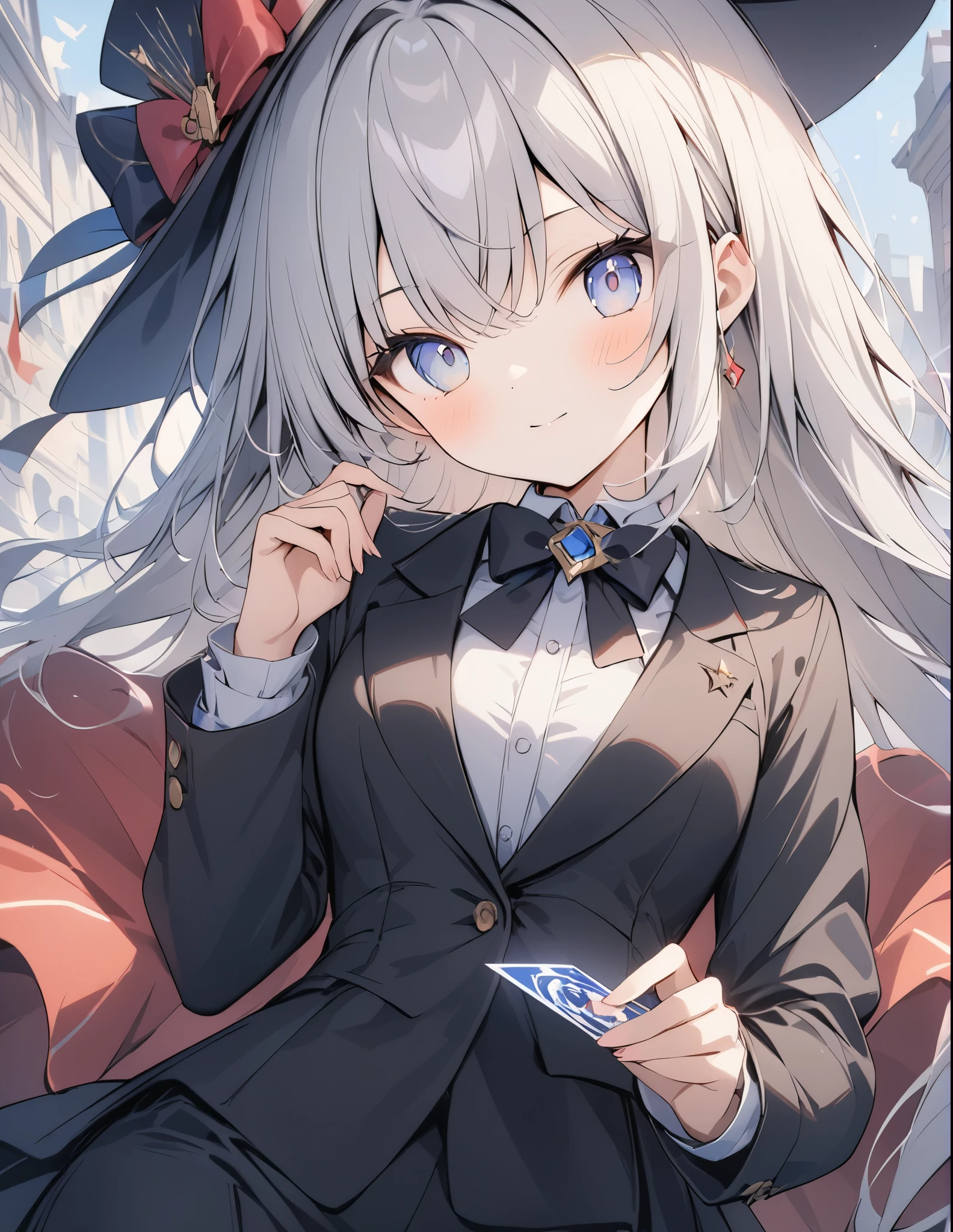 超High resolution, Attention to detail, high quality, High resolution, 最high quality, 4K, 8K, Awards, (artwork)、silk hat、magician、girl、Black suit with bow tie、Doing card magic、Trump cards fly all around、Light production、Fantastic Light