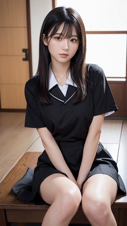 ((Highest quality)),((最high resolution)),((high resolution)),((detailed)),((High definition)),((8K)),((Perfect body)),((Perfect Face)),((Realistic)),((Real)),((Realistic)),((Beauty)),((Shiny Hair)),((Glowing Skin)),((Very white skin)),((Jet Black Hair)),((Japanese school uniform)),,(((Sit with your  apart and your knees bent))),((Arms behind back to support the body)),Long Hair、Embarrassed look、