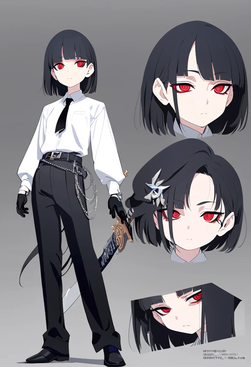One woman,Dynamic,whole body,Are standing,mysterious,Concept Art,Character Design,Jet black straight hair,The bangs are trimmed to accentuate the eyes.,Well-proportioned face,Sharp Eyes,White shirt,Black tie,Black slacks,Silver cufflinks on the left hand,On the ring finger of her right hand she wears a simple silver ring.。Luxury watches,Black leather shoes,beltでウエストラインを強調,Stylish,Red eyes,belt,Stylish,Simple background gray,Details,Okabo Hair,Half-open eyes,Cool appearance,,Black gloves,Short Hair,Narrow eyes,Accentuated body lines,Has a sword on his waist,