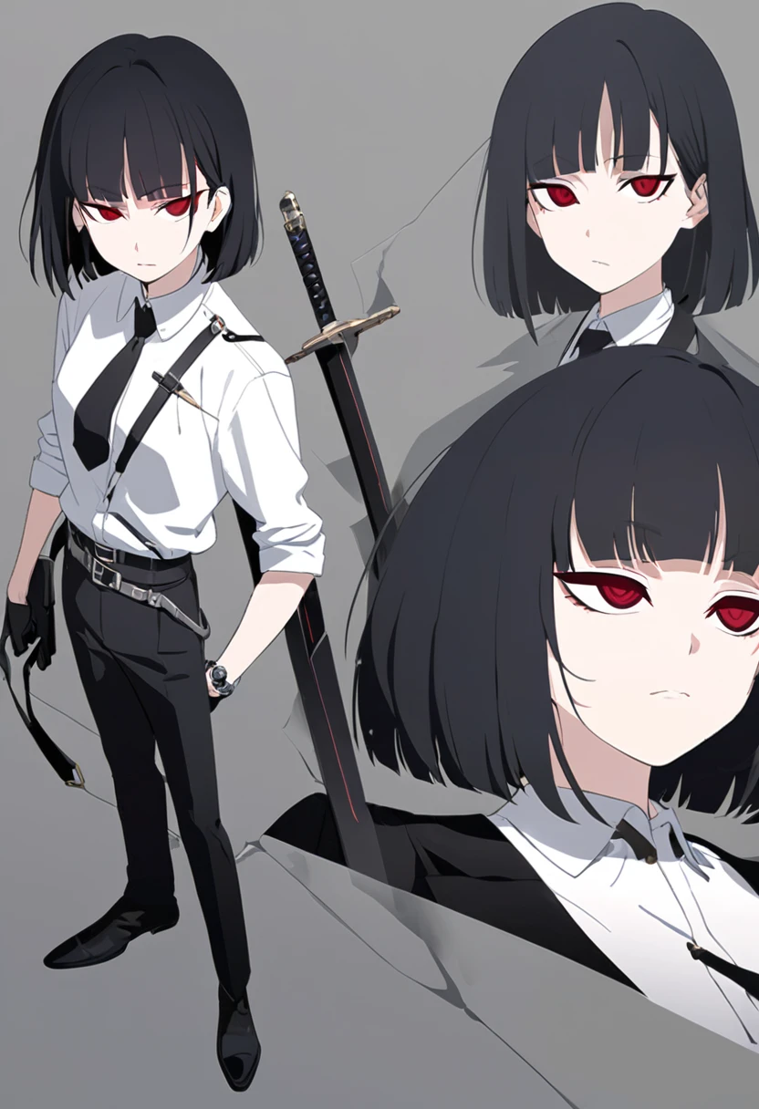 One woman,Dynamic,whole body,Are standing,mysterious,Concept Art,Character Design,Jet black straight hair,The bangs are trimmed to accentuate the eyes.,Well-proportioned face,Sharp Eyes,White shirt,Black tie,Black slacks,Silver cufflinks on the left hand,On the ring finger of her right hand she wears a simple silver ring.。Luxury watches,Black leather shoes,beltでウエストラインを強調,Stylish,Red eyes,belt,Stylish,Simple background gray,Details,Okabo Hair,Half-open eyes,Cool appearance,,Black gloves,Short Hair,Narrow eyes,Accentuated body lines,Has a sword on his waist,