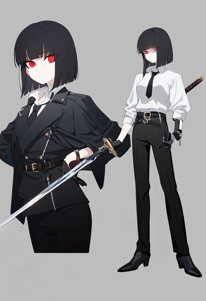 One woman,Dynamic,whole body,Are standing,mysterious,Concept Art,Character Design,Jet black straight hair,The bangs are trimmed to accentuate the eyes.,Well-proportioned face,Sharp Eyes,White shirt,Black tie,Black slacks,Silver cufflinks on the left hand,On the ring finger of her right hand she wears a simple silver ring.。Luxury watches,Black leather shoes,beltでウエストラインを強調,Stylish,Red eyes,belt,Stylish,Simple background gray,Details,Okabo Hair,Half-open eyes,Cool appearance,,Black gloves,Short Hair,Narrow eyes,Accentuated body lines,Has a sword on his waist,