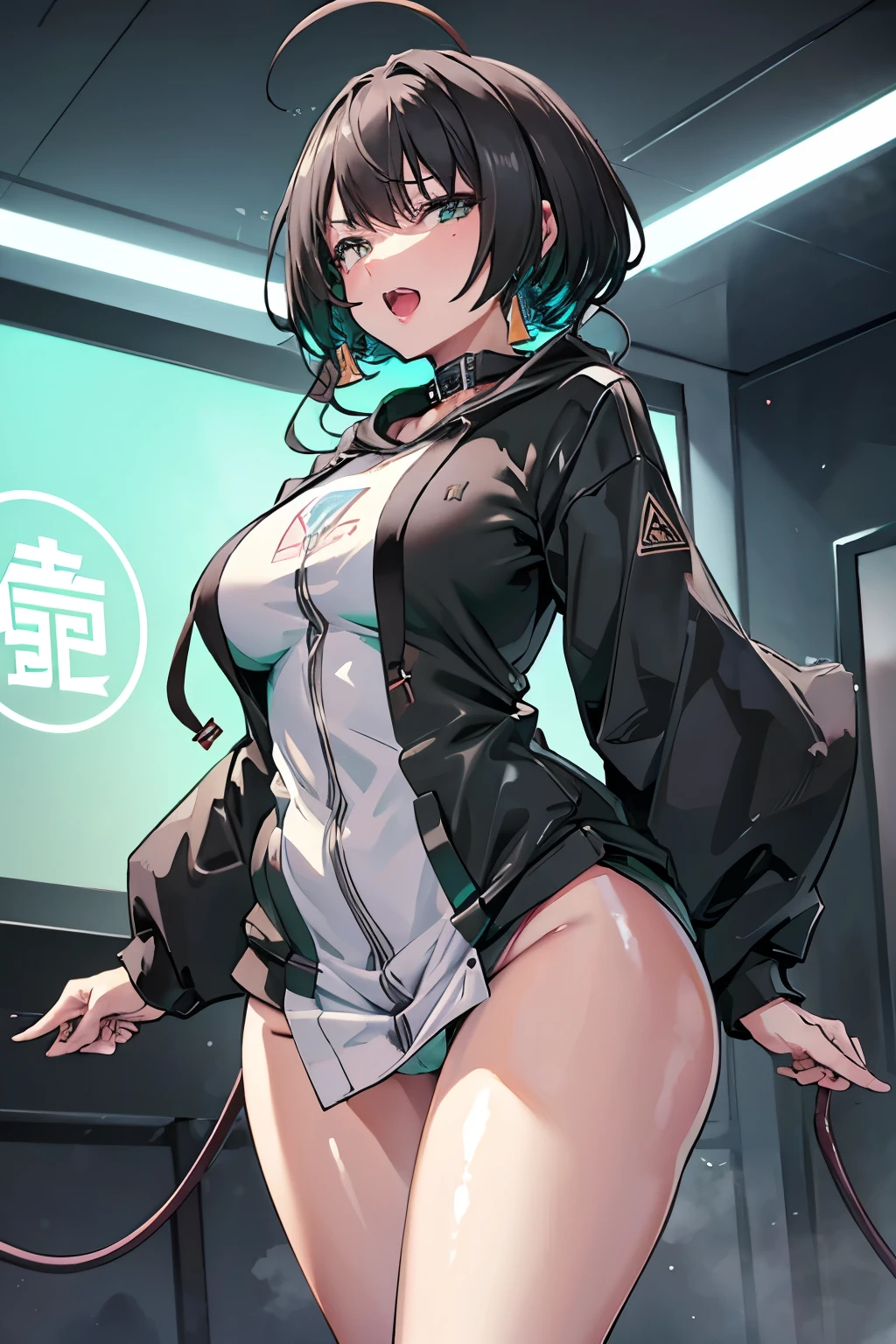 masterpiece, Highest quality, 1 person,( Large Breasts,Are standing, View your audience,),Detailed Background、A person who writes in detail、Accurate human body、Knowledgeable person、Accurate 5-finger,Mature Woman,Thighsが太い,Cruby Body,allmind,Long sleeve、Thighs、alone,((Oversized hoodie,)),slave collar,( ),((zettairyouiki)),((motion_Line)),(())