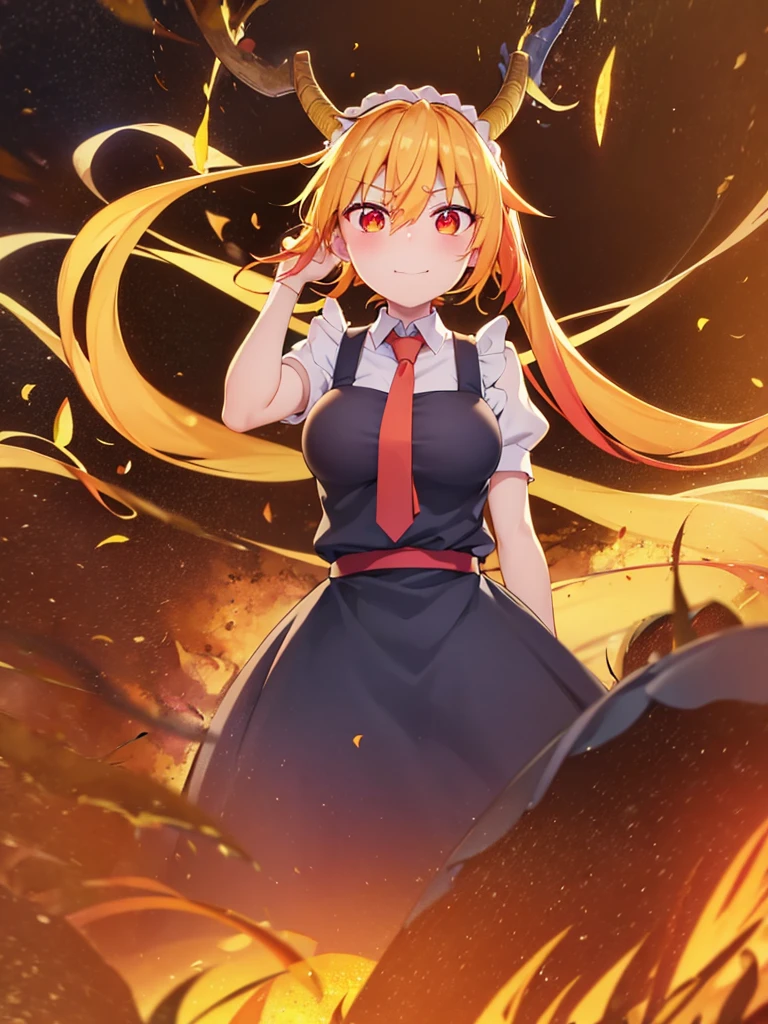 tooru_kobayashisanchinomaidragon, blonde_hair, horns, dragon_horns, long_hair, dragon_girl, maid_headdress, twintails, multicolored_hair, maid, blush, gradient_hair, necktie, red_eyes, smile mouth,face of happiness, red_necktie, orange_eyes, hair_between_eyes, breasts, orange_hair, smile mouth, face of happiness 