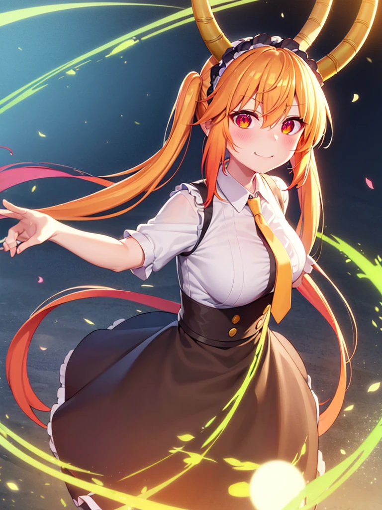 tooru_kobayashisanchinomaidragon, blonde_hair, horns, dragon_horns, long_hair, dragon_girl, maid_headdress, twintails, multicolored_hair, maid, blush, gradient_hair, necktie, red_eyes, smile mouth,face of happiness, red_necktie, orange_eyes, hair_between_eyes, breasts, orange_hair, smile mouth, face of happiness 