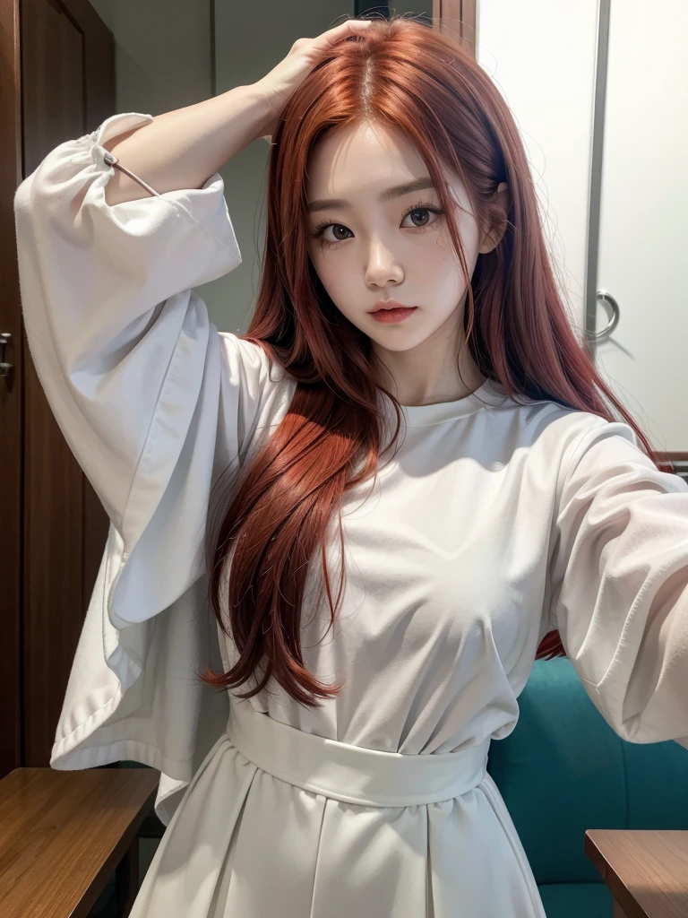 Korean with long red hair, white outfit, hair stuck, Selfie