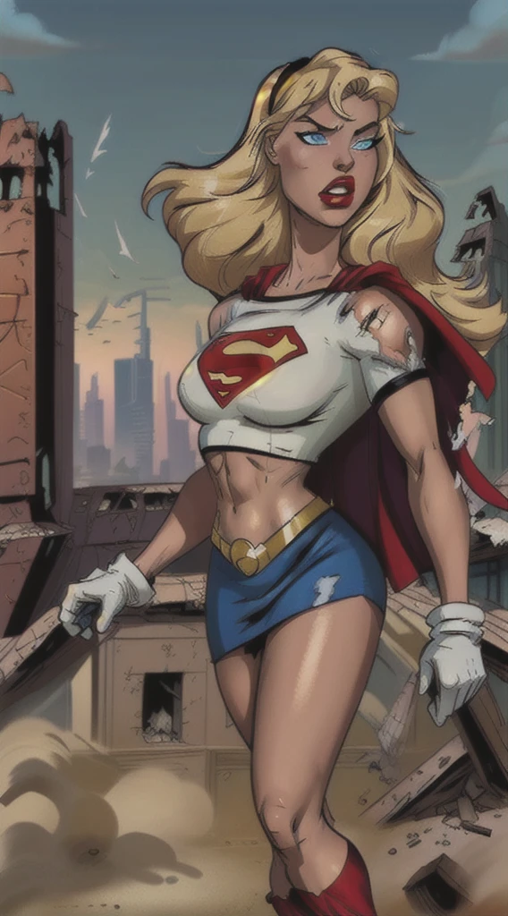 (cowboy shot), SFW, (work-premium), (Best quality: 1.0), (ultra-high resolution: 1. 0), detailed eyes, eyes closed, QUEBRAR Supergirl, 1 girl, Long blonde hair, Not with, Flying Headband, short top, short sleeves, cape, blue pencil skirt, white gloves, QUEBRAR red Boots (clouds, ruined city, apocalyptic post-sight) in exotic and sensual pose, six pack, abs, ((((bruises on the abdomen, blood on the abdomen))))), ((full body)), (lying down, knocked out, lying on the floor)