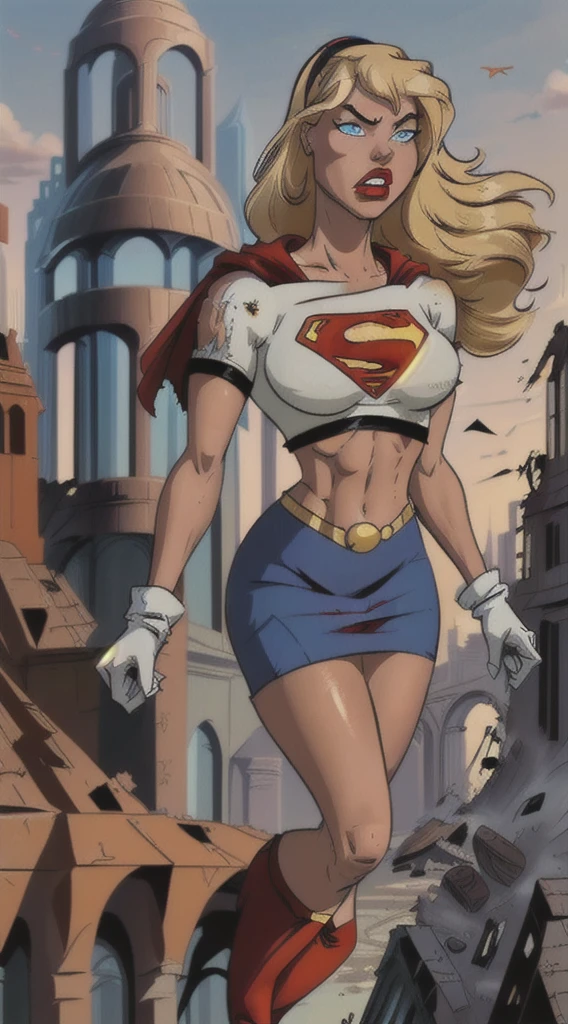 (cowboy shot), sfw, (masterpiece), (best quality:1.0), (ultra highres:1.0), detailed eyes,
BREAK
Supergirl, 1girl, long blonde hair, midair, flying, angry
white crop top, black hairband, blue pencil skirt, white gloves, red boots, red cape
BREAK
(destroyed city, ruins, outdoors, gorgeous view)