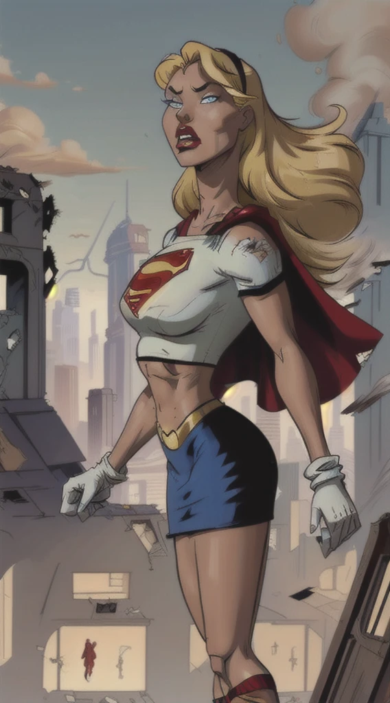 (cowboy shot), sfw, (masterpiece), (best quality:1.0), (ultra highres:1.0), detailed eyes,
BREAK
Supergirl, 1girl, long blonde hair, midair, flying, angry
white crop top, black hairband, blue pencil skirt, white gloves, red boots, red cape
BREAK
(destroyed city, ruins, outdoors, gorgeous view)
