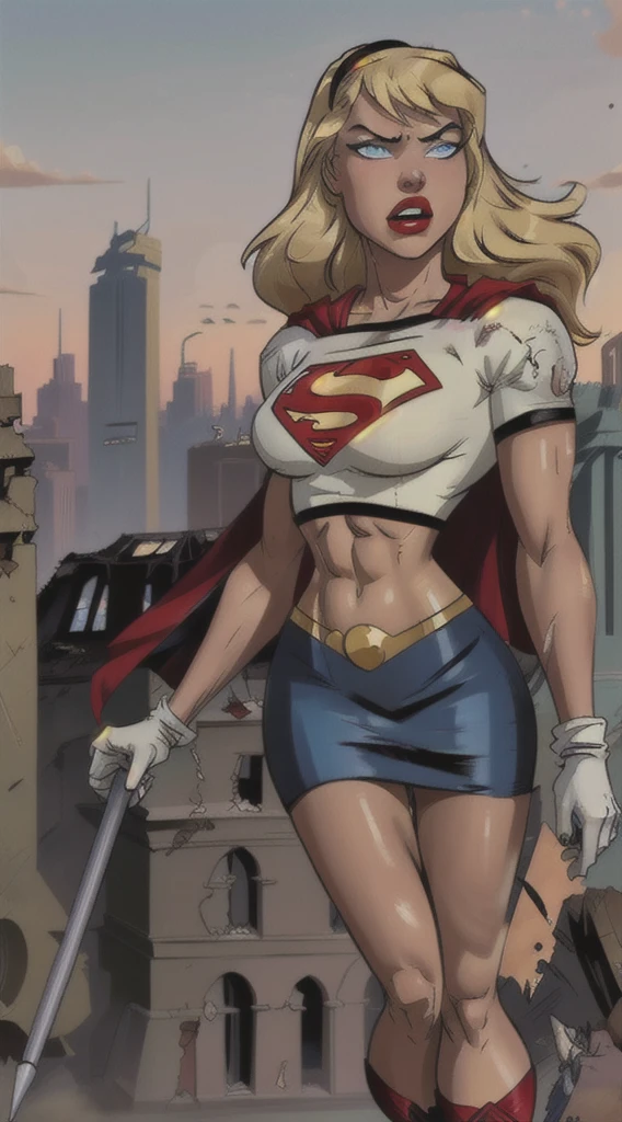 (cowboy shot), sfw, (masterpiece), (best quality:1.0), (ultra highres:1.0), detailed eyes,
BREAK
Supergirl, 1girl, long blonde hair, midair, flying, angry
white crop top, black hairband, blue pencil skirt, white gloves, red boots, red cape
BREAK
(destroyed city, ruins, outdoors, gorgeous view)