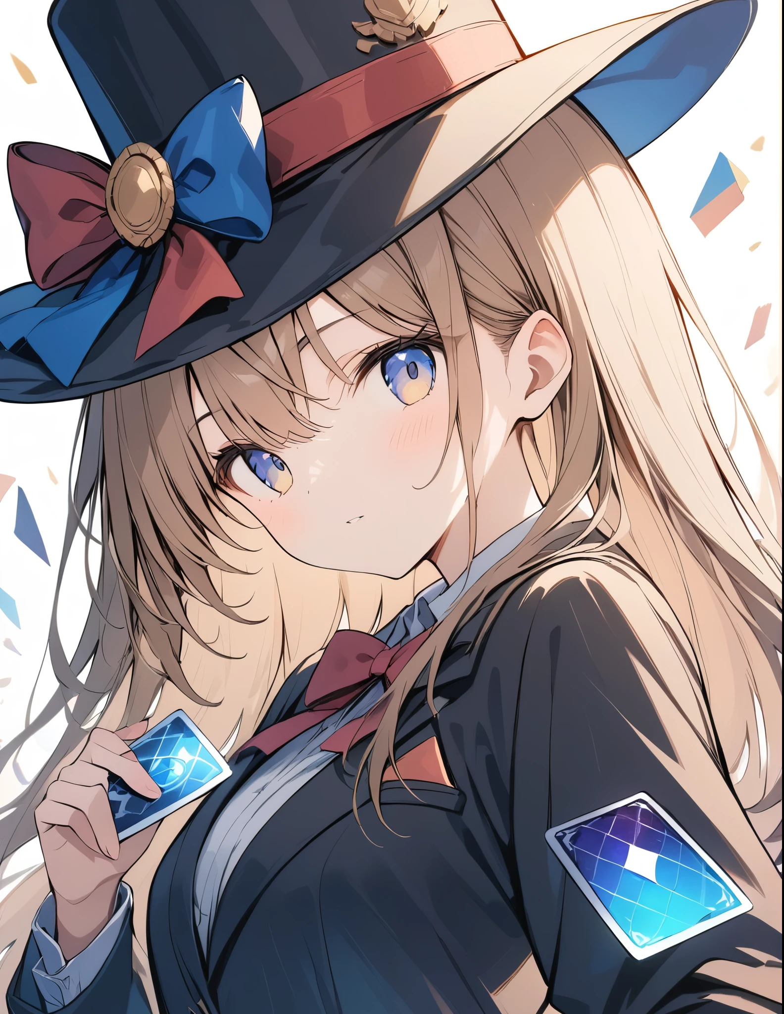 超High resolution, Attention to detail, high quality, High resolution, 最high quality, 4K, 8K, Awards, (artwork)、silk hat、magician、girl、Black suit with bow tie、Doing card magic、Trump cards fly all around、Light production、Fantastic Light