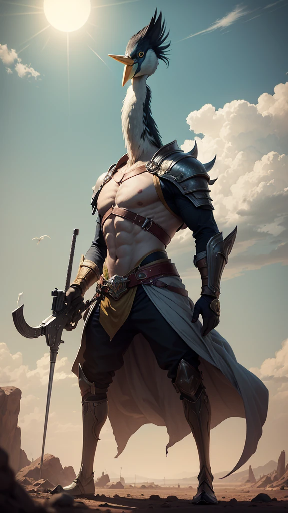 A man wrapped in a long dusy dull yellow robe wearing grey nonreflective goggles he holds a extreme long spire sword rifle combined weapon at an angle pointing down as he rides, rides a Morax, like a blue heron with a long neck and longer legs a large flightless bird 3 times the size of a man it  blue-grey in color with an extreme long pointed narrow bill both the man and bird have trible markings, accross near the horizen, in a mostly barren landscape on a far distant planet, one large ringed plannet hangs in the dusty sun baked sky, 64k resolution,Masterpiece