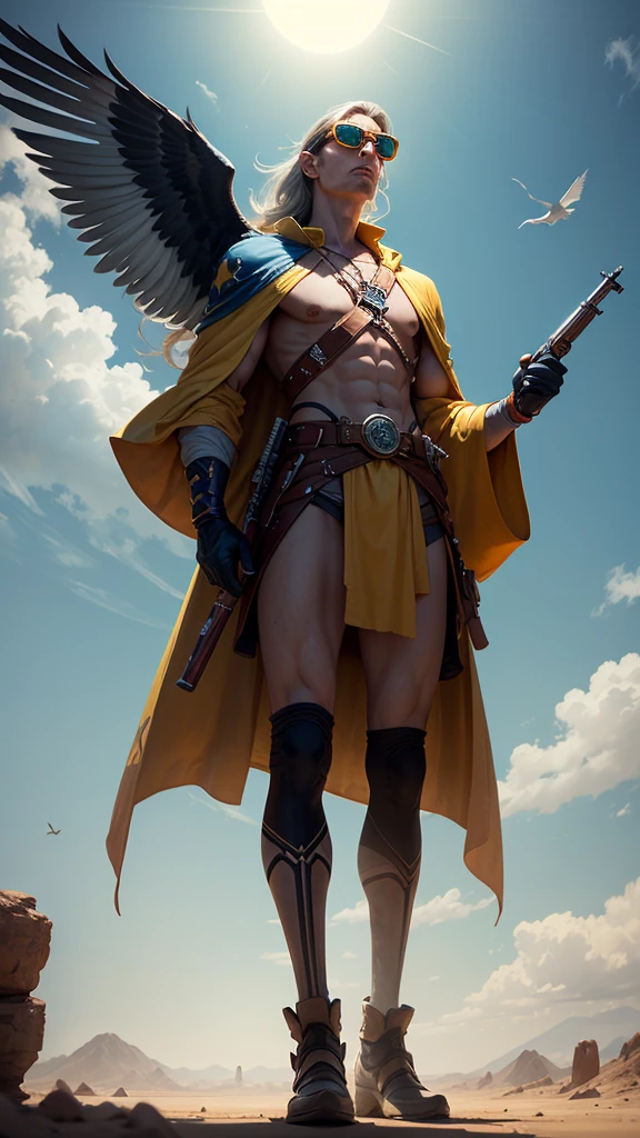A man wrapped in a long dusy dull yellow robe wearing grey nonreflective goggles he holds a extreme long spire sword rifle combined weapon at an angle pointing down as he rides, rides a Morax, like a blue heron with a long neck and longer legs a large flightless bird 3 times the size of a man it blue-grey in color with an extreme long pointed narrow bill both the man and bird have trible markings, accross near the horizen, in a mostly barren landscape on a far distant planet, one large ringed plannet hangs in the dusty sun baked sky, 64k resolution,Masterpiece