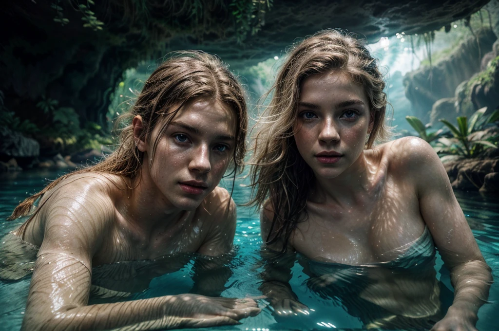 a young white man, a young white female, beautiful detailed eyes, beautiful detailed lips, floating hair, swimming, swimming underwater, underground cavern river, glowing vegetation, photorealistic, 8k, hyperrealistic, cinematic lighting, dramatic shadows, surreal, ethereal, dreamlike, fantasy, vibrant colors