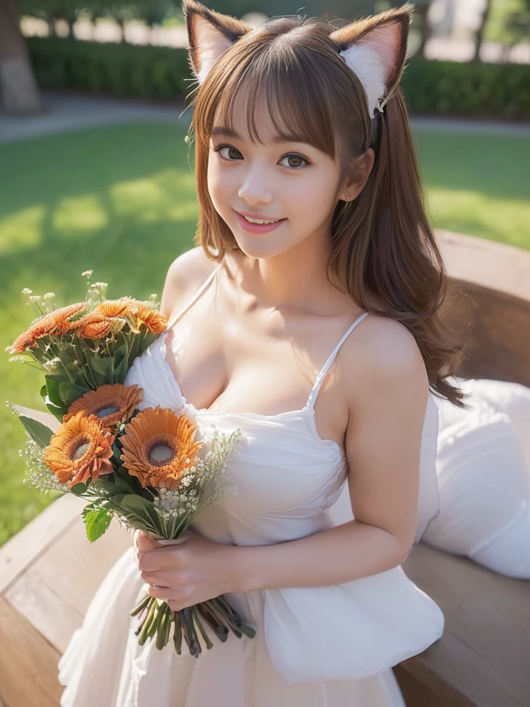 ((((The composition and angle of the girl is subjective from the viewer's perspective)))、（The girl and the viewer are lovers)、
A girl with a face she only shows to people she trusts、(1 Super sexy and super cute super big Japanese girl), brown hair, Great face and eyes, Tanuki face、Big eyes, Drooping eyes、Long and plentiful毛、thick and large  lips,、(wide open chest and high:1.1), Beautiful bigSuper big,  Chest, (Amazingly beautiful girl), brown hair,, (highest quality:1.4), (Super detailed), (very detailed CG integrated 8k wallpaper), Very detailed, High resolution raw color photos, Professional photography, Good balance between head and body,(((Super cute smile)))、 Super sexy and super cute mature woman, ((Chubby、A plump, voluptuous, selfish body that looks like it would be comfortable to hug, Round face,Tanuki face、Thick eyebrows、Big eyes。Drooping eyes、Long and plentiful、thick and big  and sexy lips、 About 40)),  (((ブラウンのストレートロングヘア、Cat ear,))) 、Flashy makeup, Fuller lips, Sexy Gaze,  (((A girl holding a beautiful bouquet))), Looking at the camera, Low angle shooting, Cute duck mouth,((Very precise and accurate )),  (masterpiece:1.43), (((Perfect )))、（((Perfect proportions))), Realistic photos, Full Shot, whole body, (height: 148cm), has two legs,Has two arms、has two legs, It should have two arms、Exact finger count)) 、 excitement、(((Super big)))、、(((Super big)))、(((Super big)))、(((Super big)))、(((Super big)))、(((Super big)))、A shy and cute smile、(((Super big)))、(((Super big)))、(((Super big)))、(((Super big)))、、(((Super big)))、、(((Super big)))、(((Super big)))、(((Super big)))、(((Super big)))、(((Super big)))、、(((Super big)))、、(((Super big)))、(((Super big)))、(((Super big)))、(((Super big)))、(((Super big)))、A shy and cute smile、(((A girl holding a beautiful bouquet)))