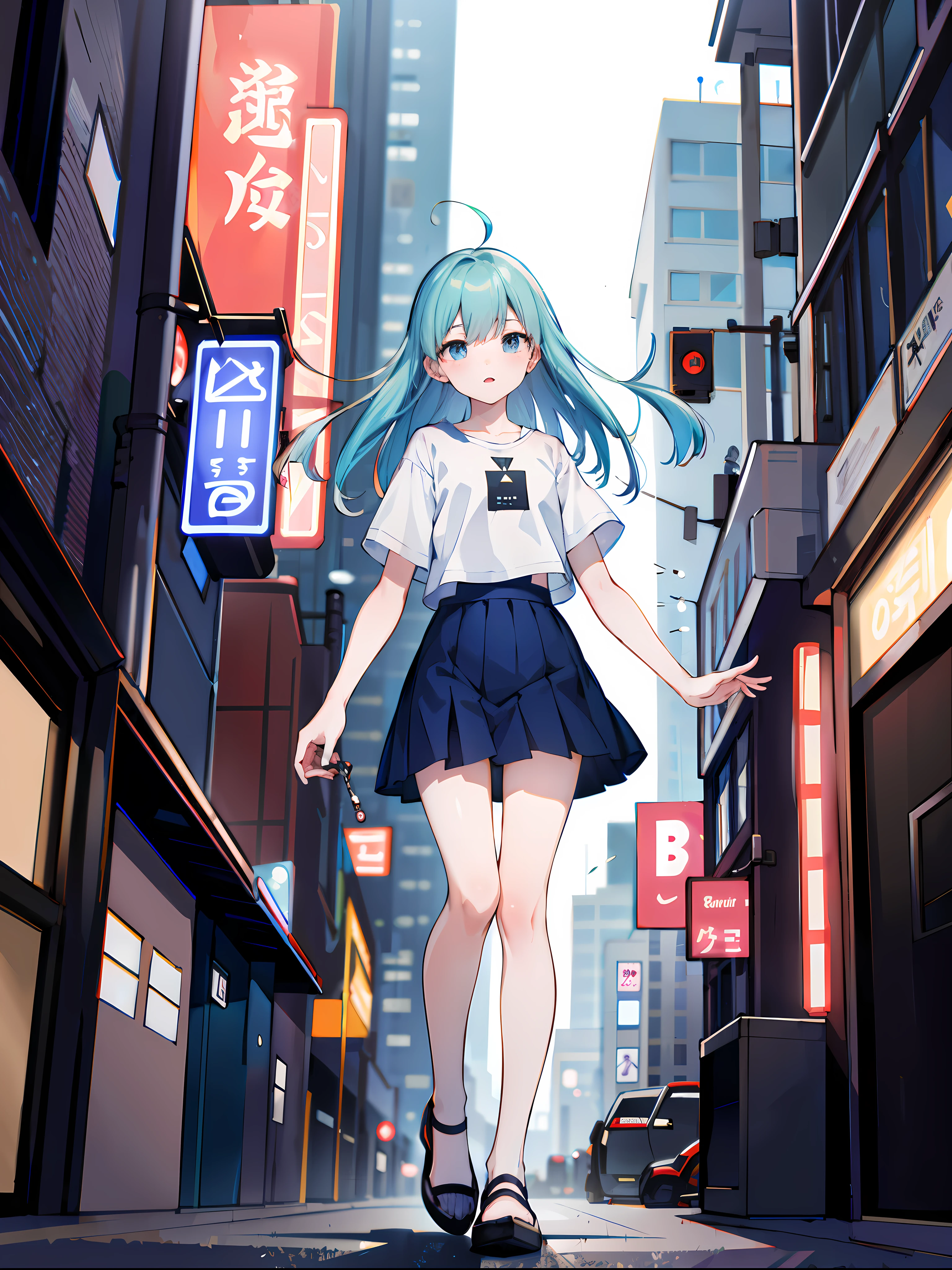 (masterpiece:1.2), best quality, highres, original, (extremely detailed:1.2), ultra-detailed, wallpaper, perfect lighting,(extremely detailed CG:1.2), 8k, anime illustration, 1boy, cross-dressing, femboy, long hair, light-blue hair, (cyberpunk fashion, short-sleeved T-shirt, knee-length skirt, lace hemline, delicate clothes:1.2),looking at viewer, frontal, futuristic city background, sci-fi city, (anatomically correct: 1.3)