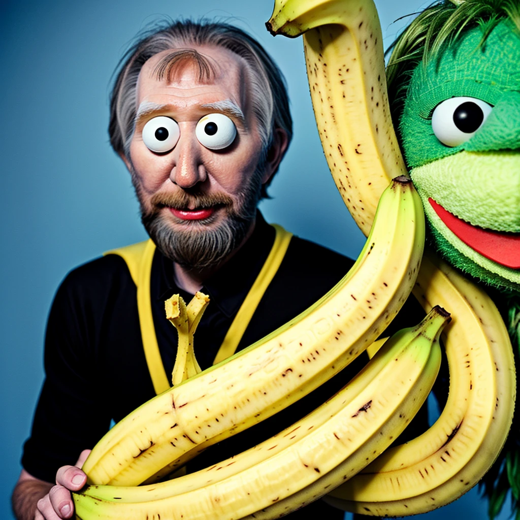 super hero 'banana man', real life, muppet, ping pong ball white eyes (black pupils), jim henson made,