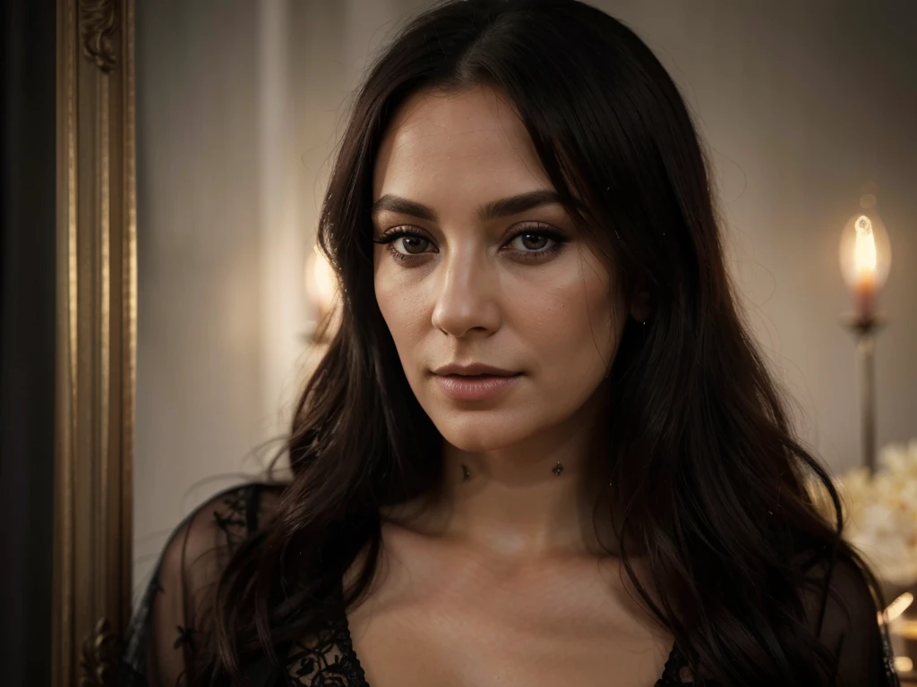 a tarot reader woman, 50 years old, elegant detailed portrait, beautiful detailed eyes, beautiful detailed lips, extremely detailed face and features, long eyelashes, mystical aura, dramatic lighting, detailed ornate clothing, dark moody background, (best quality,4k,8k,highres,masterpiece:1.2),ultra-detailed,(realistic,photorealistic,photo-realistic:1.37),dark fantasy,portrait,chiaroscuro lighting sitted on a table with tarot cards, crystals and candles.