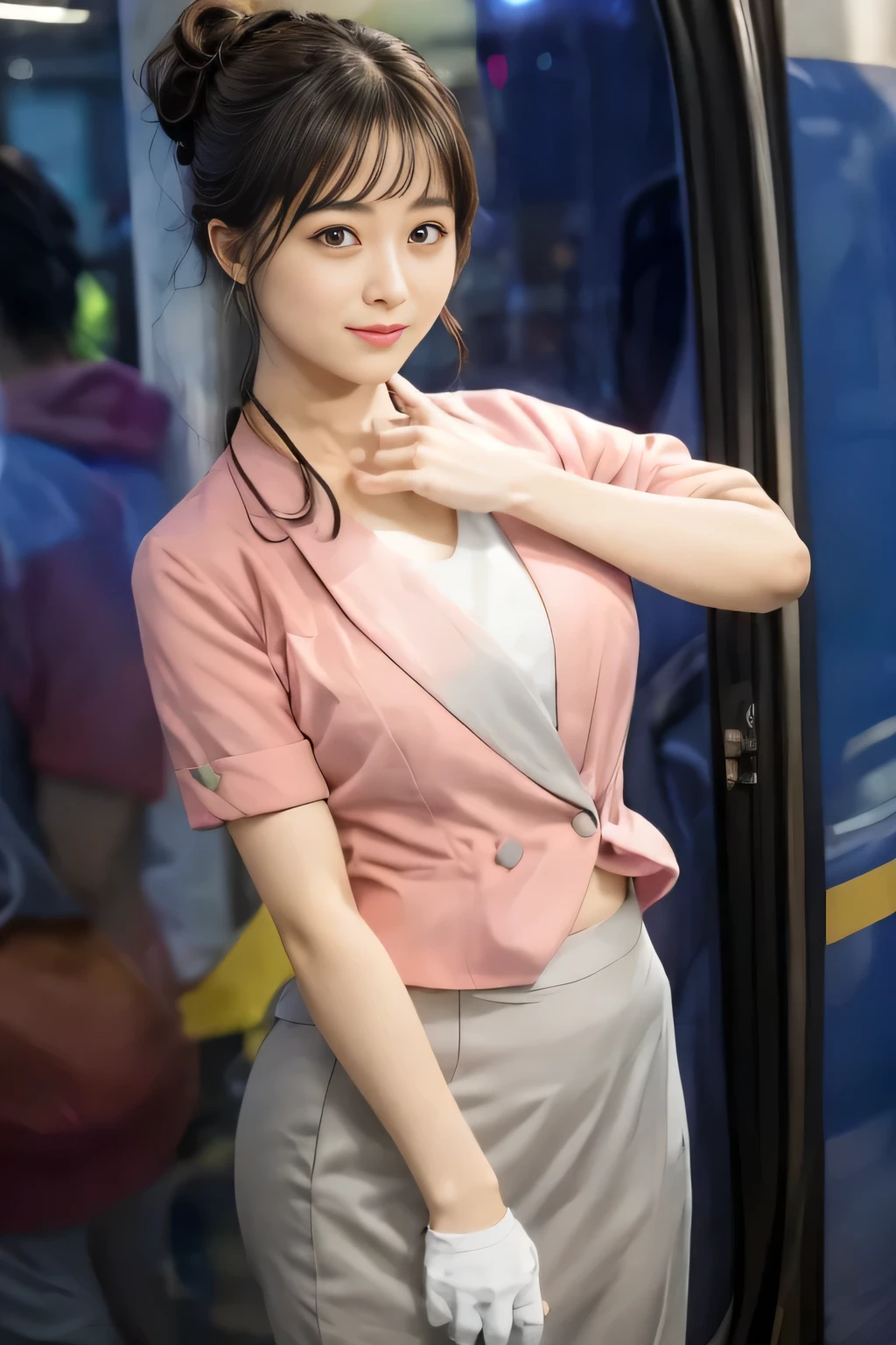 (masterpiece:1.2, Highest quality:1.2), 32k HDR, High resolution, (alone、1 girl)、 (Height: 160cm)、(On the rooftop of a building in the daytime、Professional Lighting)、Building rooftop background、(Nankai train crew uniform pinkを着たリアルスタイル)、(Nankai train crew uniform pink short sleeve collarless pink jacket、Nankai Train Crew Uniform Pink Collarless Short Sleeve Blouse、Nankai Train Crew Uniform Pink Grey Knee-length Culottes)、(The pink jacket is showing from the culottes.)、Dark brown hair、(Hair tied up、Hair tied up、Evening curly hairstyle)、Dark brown hair、Long Shot、Big Breasts、Thin legs、((Great hands:2.0)),((Harmonious body proportions:1.5)),((Normal limbs:2.0)),((Normal finger:2.0)),((Delicate eyes:2.0)),((Normal eyes:2.0)))、smile、(Nankai Train Crew Uniform Pink Grey Knee-length Culottesを見せた美しい歩く姿)、Place your hands around your stomach、Lanyard employee ID card