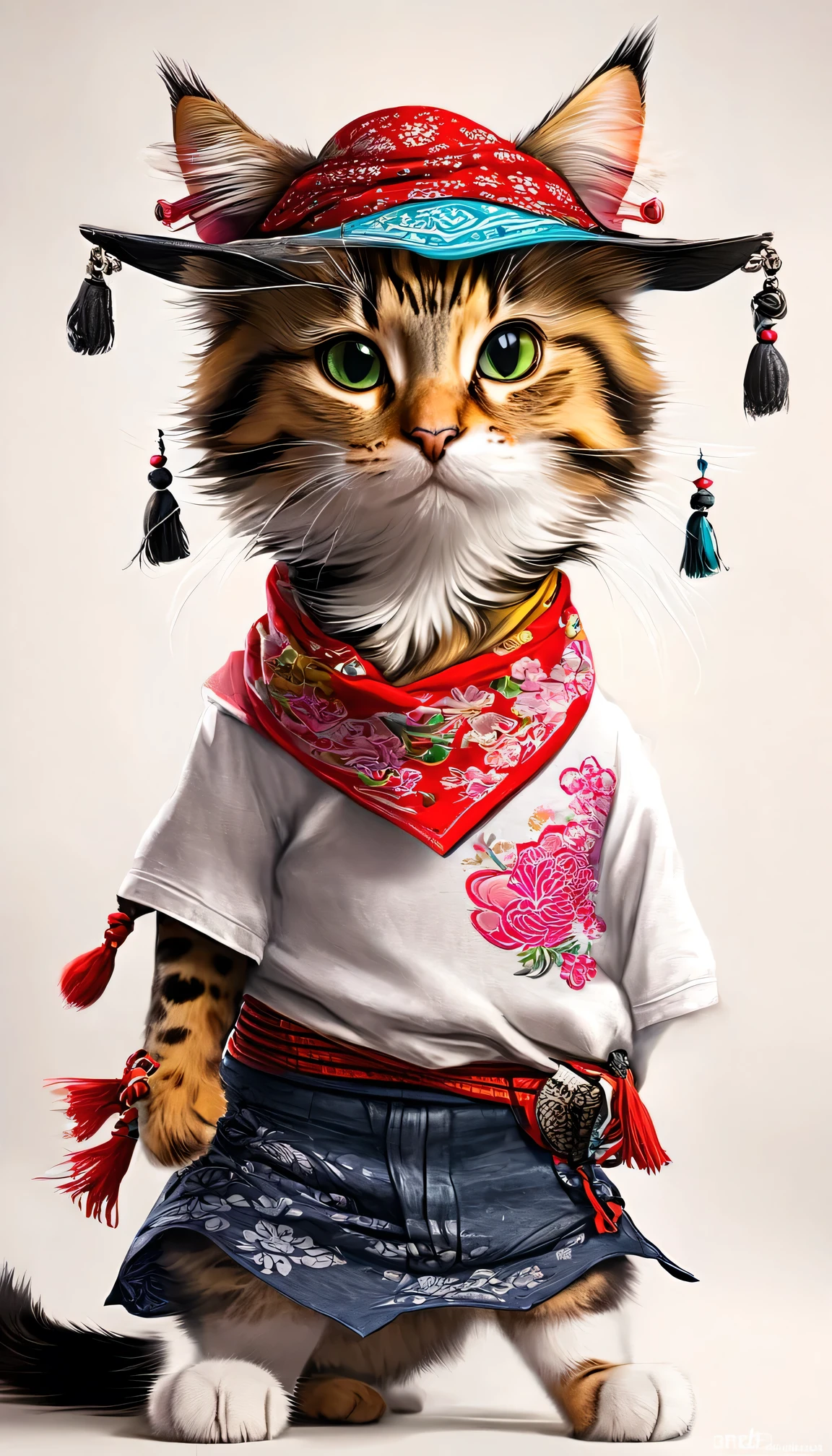 araffe cat wearing a bandana and a hat and a shirt, cat design, anthropomorphic cat, cat furry, anthropomorphic female cat, awesome cat, fluffy cat t - shirt design, samurai cat, cute 3 d render, fursona wearing stylish clothes, cat. digital painting, looking heckin cool and stylish, in style of ultra realistic