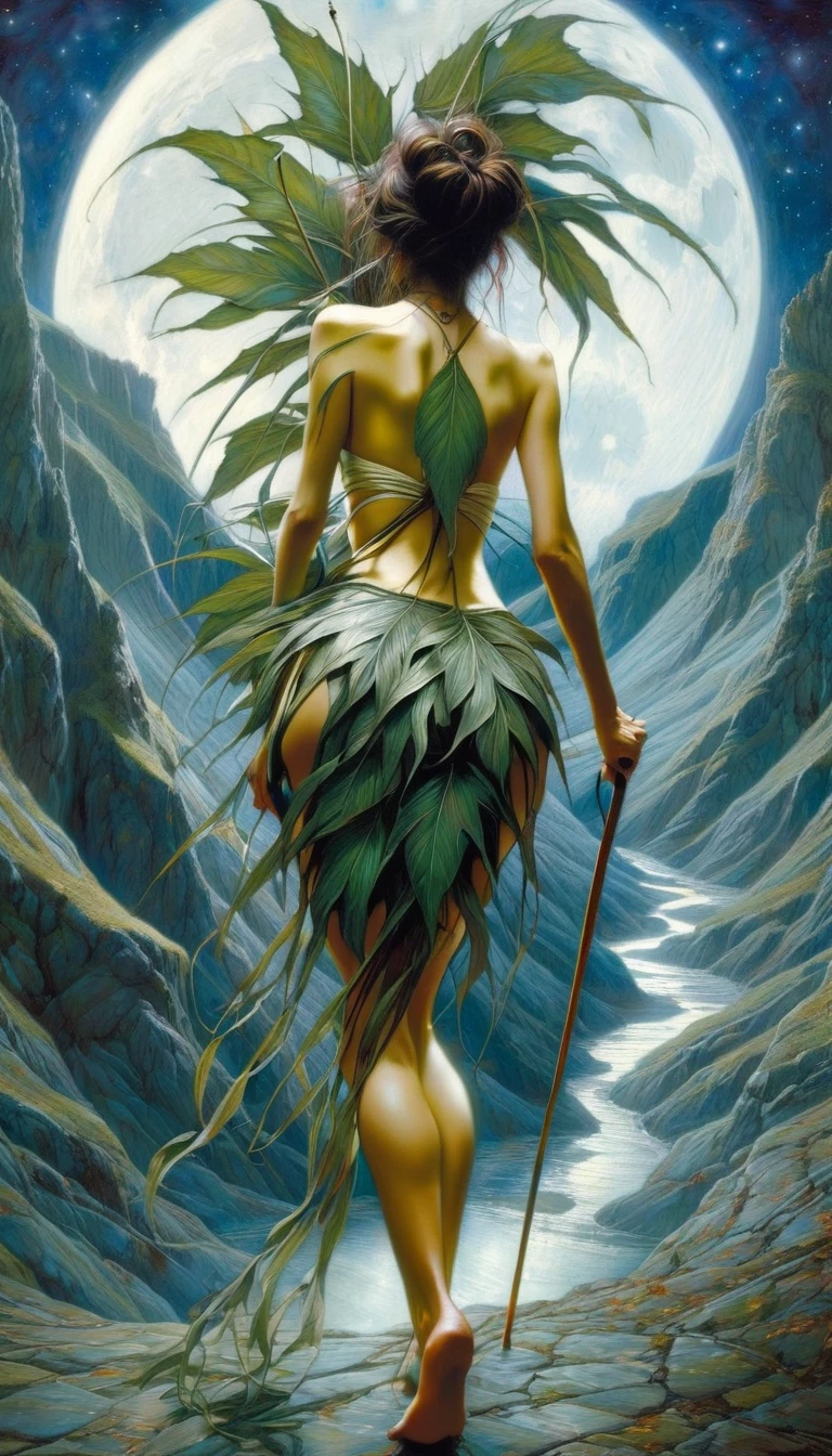 eight cups of liquor on the floor, a woman with her back turned with a cane leaves the scene,standing woman leaves the scene, mountains, moon with eyes, (art inspired by Brian Froud and Carne Griffiths and Wadim Kashin, intricate details, oil painting)