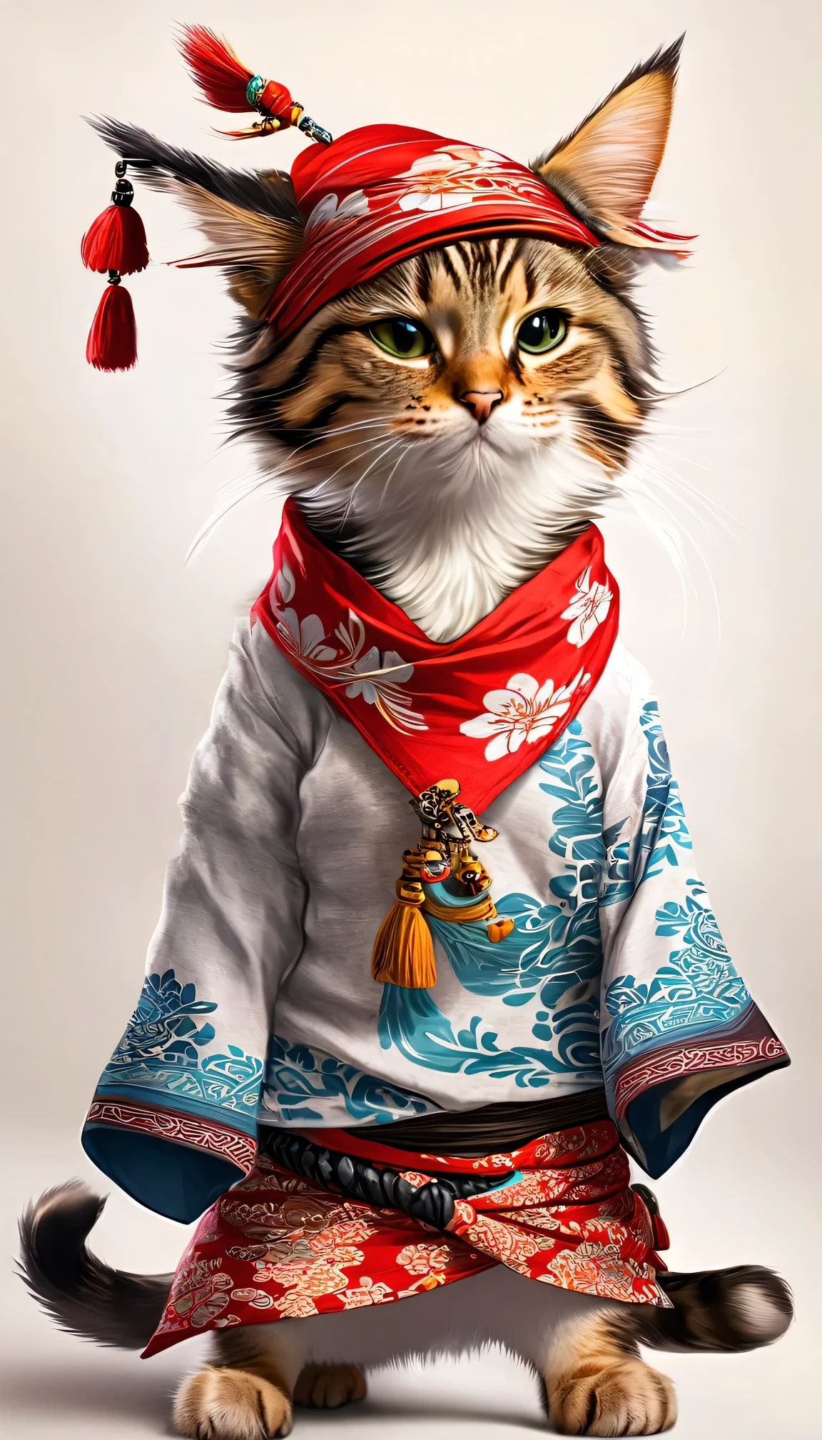 araffe cat wearing a bandana and a hat and a shirt, cat design, anthropomorphic cat, cat furry, anthropomorphic female cat, awesome cat, fluffy cat t - shirt design, samurai cat, cute 3 d render, fursona wearing stylish clothes, cat. digital painting, looking heckin cool and stylish, in style of ultra realistic