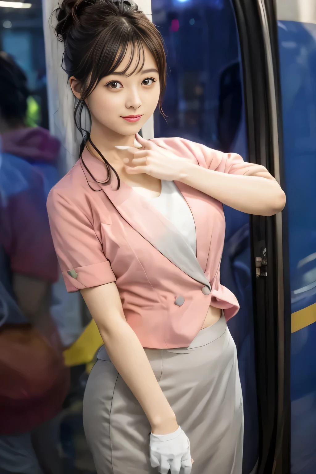 (masterpiece:1.2, Highest quality:1.2), 32k HDR, High resolution, (alone、1 girl)、 (Height: 160cm)、（On the rooftop of a building in the daytime、Professional Lighting）、Building rooftop background、（Nankai train crew uniform pinkを着たリアルスタイル）、（Nankai train crew uniform pink short sleeve collarless pink jacket、Nankai Train Crew Uniform Pink Collarless Short Sleeve Blouse、Nankai Train Crew Uniform Pink Grey Knee-length Culottes）、（The pink jacket is showing from the culottes.）、Dark brown hair、（Hair tied up、Hair tied up、Evening curly hairstyle）、Dark brown hair、Long Shot、Big Breasts、Thin legs、（（Great hands：2.0）），（（Harmonious body proportions：1.5）），（（Normal limbs：2.0）），（（Normal finger：2.0）），（（Delicate eyes：2.0）），（（Normal eyes：2.0））)、smile、（Nankai Train Crew Uniform Pink Grey Knee-length Culottesを見せた美しい歩く姿）、Place your hands around your stomach、Lanyard employee ID card