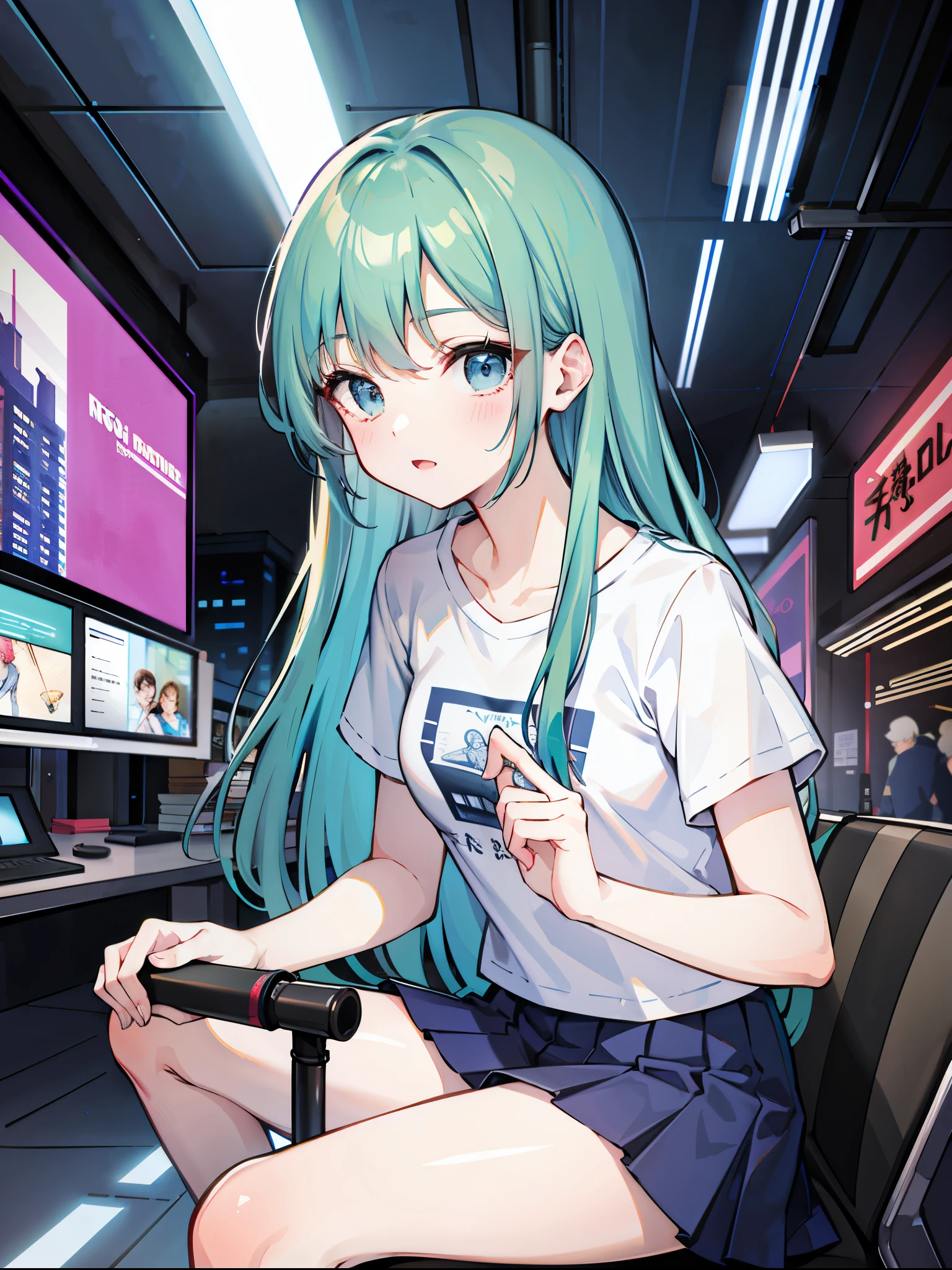 (masterpiece:1.2), best quality, highres, original, (extremely detailed:1.2), ultra-detailed, wallpaper, perfect lighting,(extremely detailed CG:1.2), 8k, anime illustration, 1boy, cross-dressing, femboy, long hair, light-blue hair, (cyberpunk fashion, short-sleeved T-shirt, knee-length skirt, lace hemline, delicate clothes:1.2),looking at viewer, frontal, futuristic city background, sci-fi city, (anatomically correct: 1.3)