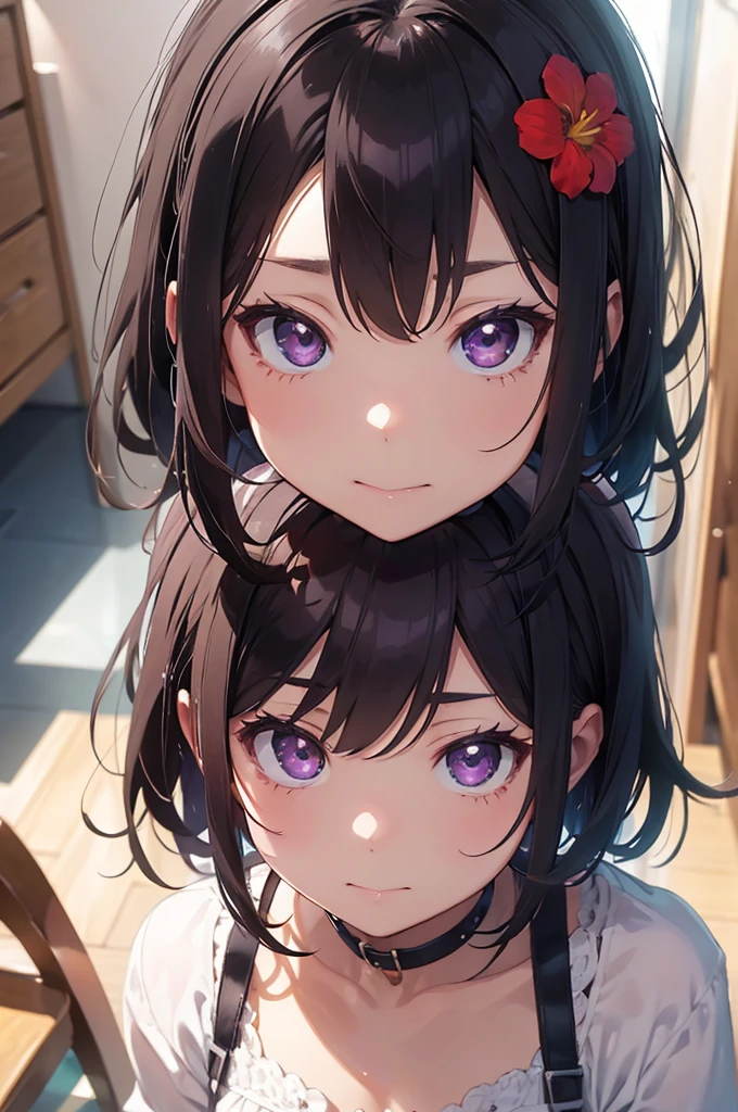 4K, (work of art), highest quallity, 2d, ((rebeld girl)), (teenage anime girl), holding a flower, summer dress, selfie, short hair with long bangs, heterochromatic eyes, ssmile, full height, clean eyes, black eyelash, (intrincado detalhado), dramatic, makoto shinkai, purple eyes, in your room, serious, tsundere