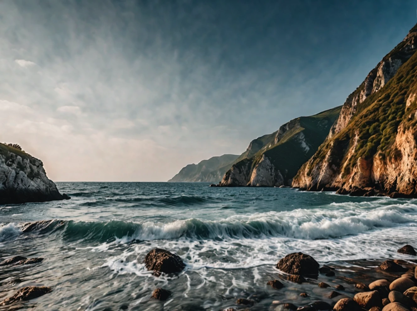 photo of the sea, outdoors, realistic scenery. very wide shot, landscape, film, professional, 4k
