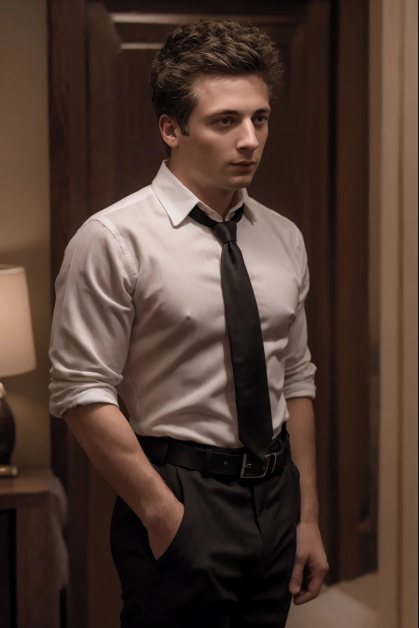 Portrait of Lip Gallagher, he is (wearing a formal suit; black open jacket, white linen shirt with three buttons undone, and united black tie:1.4), (wearing black suit pants, bulge in pants, with black belt and silver buckle), handsome man, attractive man, handsome male, standing in hotel room at night, inspired by Pablo Munoz Gomez, editorial photograph, midshot of a Lip Gallagher, by Roman Bezpalkiv, by Artur Tarnowski, maxim sukharev, by Gabor Szikszai,Highly Detailed, highly detailed, broad shouldered, slim but toned,