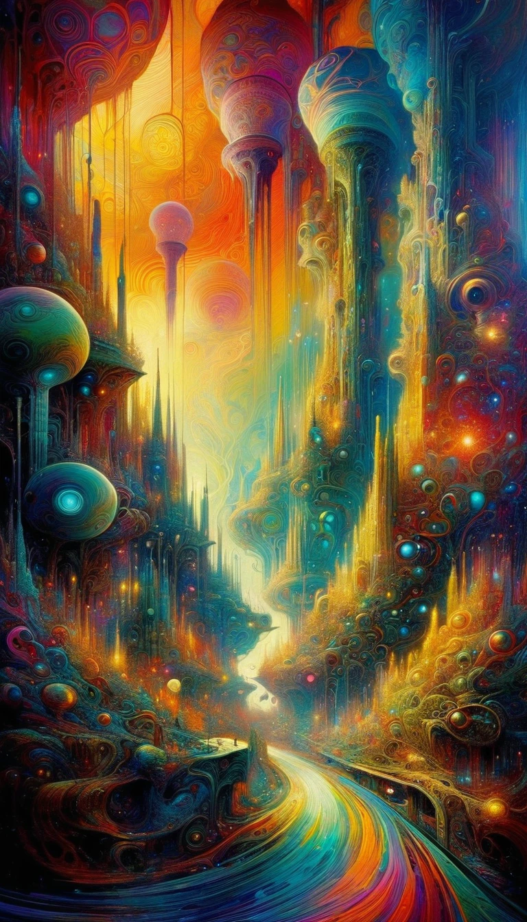 a highly detailed and intricate oil painting depicting an imaginative and surreal interpretation of the world, inspired by the distinctive artistic style of Bill Sienkiewicz, with vivid and striking colors, masterfully rendered textures and patterns, a sense of depth and dreamlike atmosphere, (best quality,4k,8k,highres,masterpiece:1.2),ultra-detailed,(realistic,photorealistic,photo-realistic:1.37),vibrant colors,dramatic lighting,surreal,psychedelic,abstract,organic shapes,complex compositions,chiaroscuro,Bill Sienkiewicz,oil painting