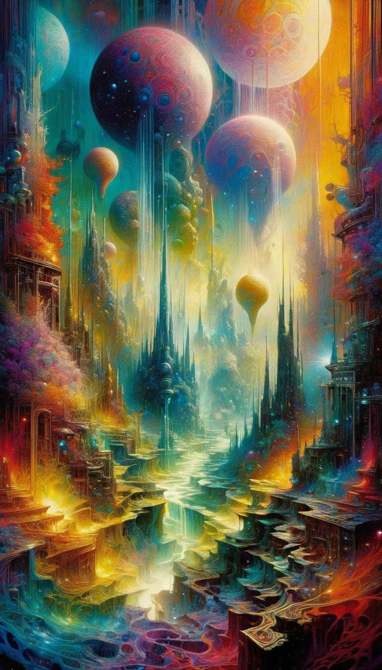 a highly detailed and intricate oil painting depicting an imaginative and surreal interpretation of the world, inspired by the distinctive artistic style of Bill Sienkiewicz, with vivid and striking colors, masterfully rendered textures and patterns, a sense of depth and dreamlike atmosphere, (best quality,4k,8k,highres,masterpiece:1.2),ultra-detailed,(realistic,photorealistic,photo-realistic:1.37),vibrant colors,dramatic lighting,surreal,psychedelic,abstract,organic shapes,complex compositions,chiaroscuro,Bill Sienkiewicz,oil painting