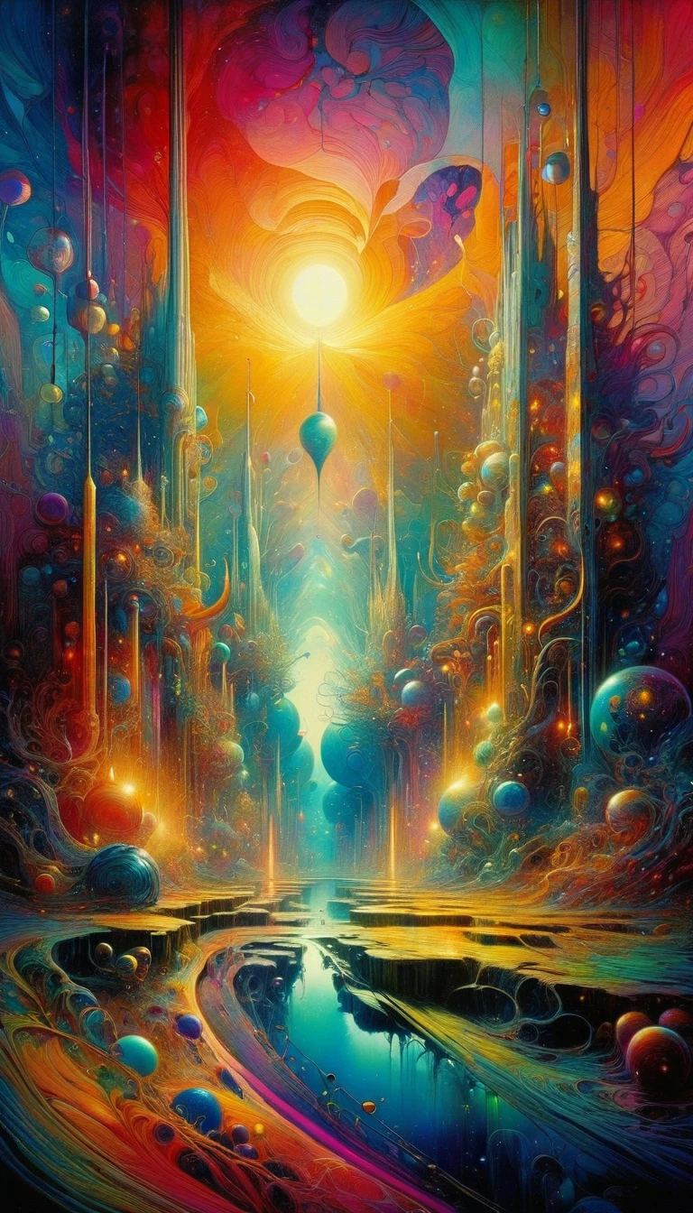 a highly detailed and intricate oil painting depicting an imaginative and surreal interpretation of the world, inspired by the distinctive artistic style of Bill Sienkiewicz, with vivid and striking colors, masterfully rendered textures and patterns, a sense of depth and dreamlike atmosphere, (best quality,4k,8k,highres,masterpiece:1.2),ultra-detailed,(realistic,photorealistic,photo-realistic:1.37),vibrant colors,dramatic lighting,surreal,psychedelic,abstract,organic shapes,complex compositions,chiaroscuro,Bill Sienkiewicz,oil painting
