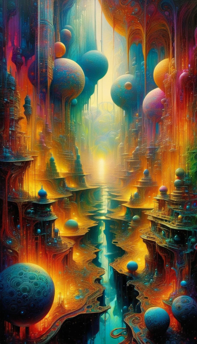 a highly detailed and intricate oil painting depicting an imaginative and surreal interpretation of the world, inspired by the distinctive artistic style of Bill Sienkiewicz, with vivid and striking colors, masterfully rendered textures and patterns, a sense of depth and dreamlike atmosphere, (best quality,4k,8k,highres,masterpiece:1.2),ultra-detailed,(realistic,photorealistic,photo-realistic:1.37),vibrant colors,dramatic lighting,surreal,psychedelic,abstract,organic shapes,complex compositions,chiaroscuro,Bill Sienkiewicz,oil painting