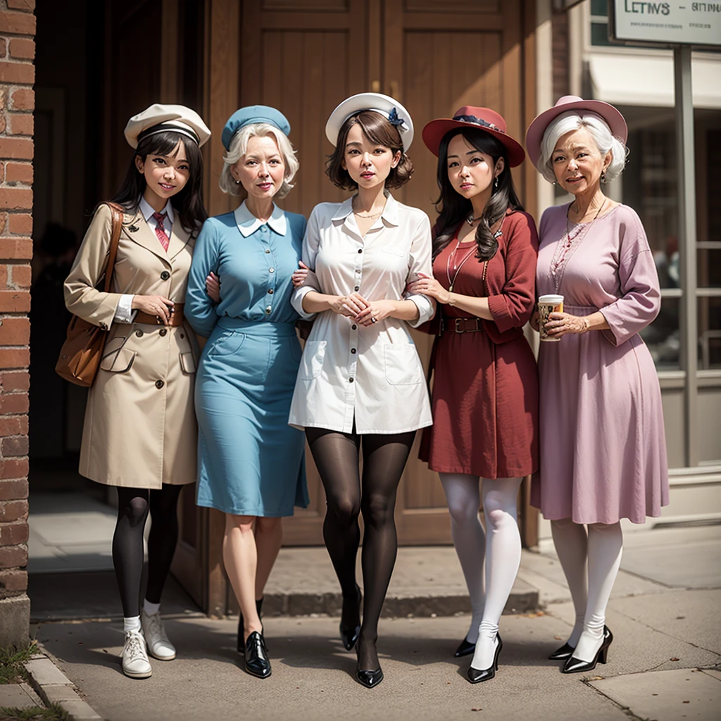 A group of old nurses wearing white tights and hats