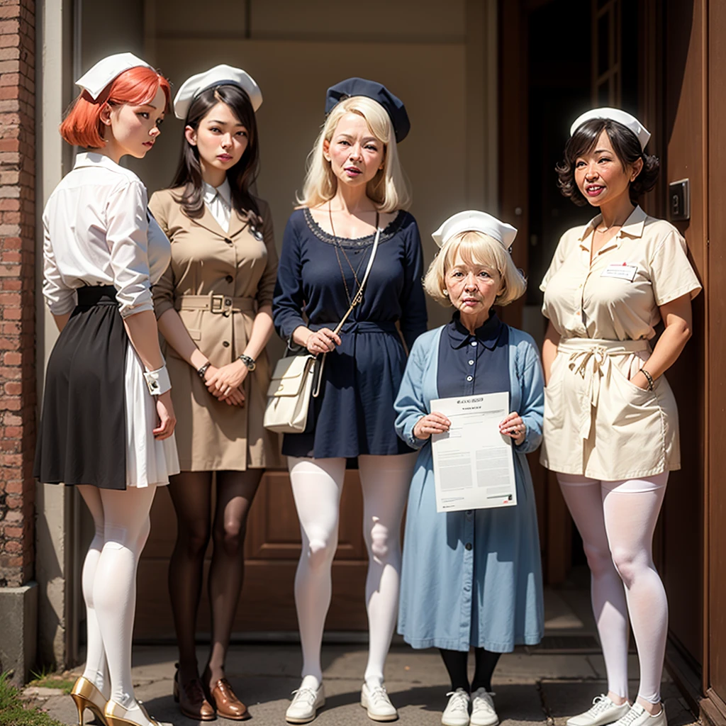A group of old nurses wearing white tights and hats