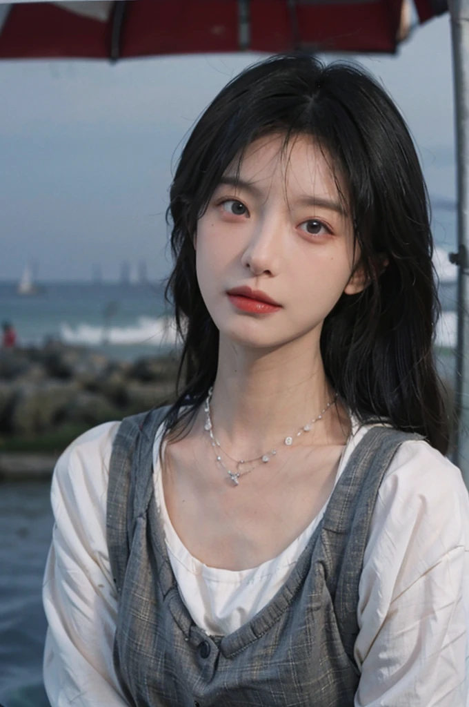Film portrait photography, 1girls, Lipstick, (big chest:1.2), Wear a necklace, Cute expression, Exquisite makeup, black suspenders, serene, calm, (Realistic and detailed eyes, Natural skin texture, Realistic facial details), Soft dramatic lighting, Vibrant details, Detailed and detailed, Surreal, 35mm film, hazy, outdoor, Seaside background, seaside, Depth of Field, Bokeh