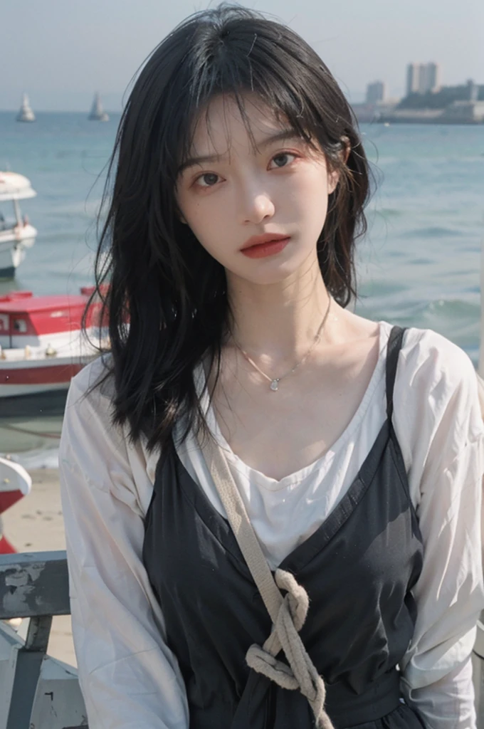 Film portrait photography, 1girls, Lipstick, (big chest:1.2), Wear a necklace, Cute expression, Exquisite makeup, black suspenders, serene, calm, (Realistic and detailed eyes, Natural skin texture, Realistic facial details), Soft dramatic lighting, Vibrant details, Detailed and detailed, Surreal, 35mm film, hazy, outdoor, Seaside background, seaside, Depth of Field, Bokeh