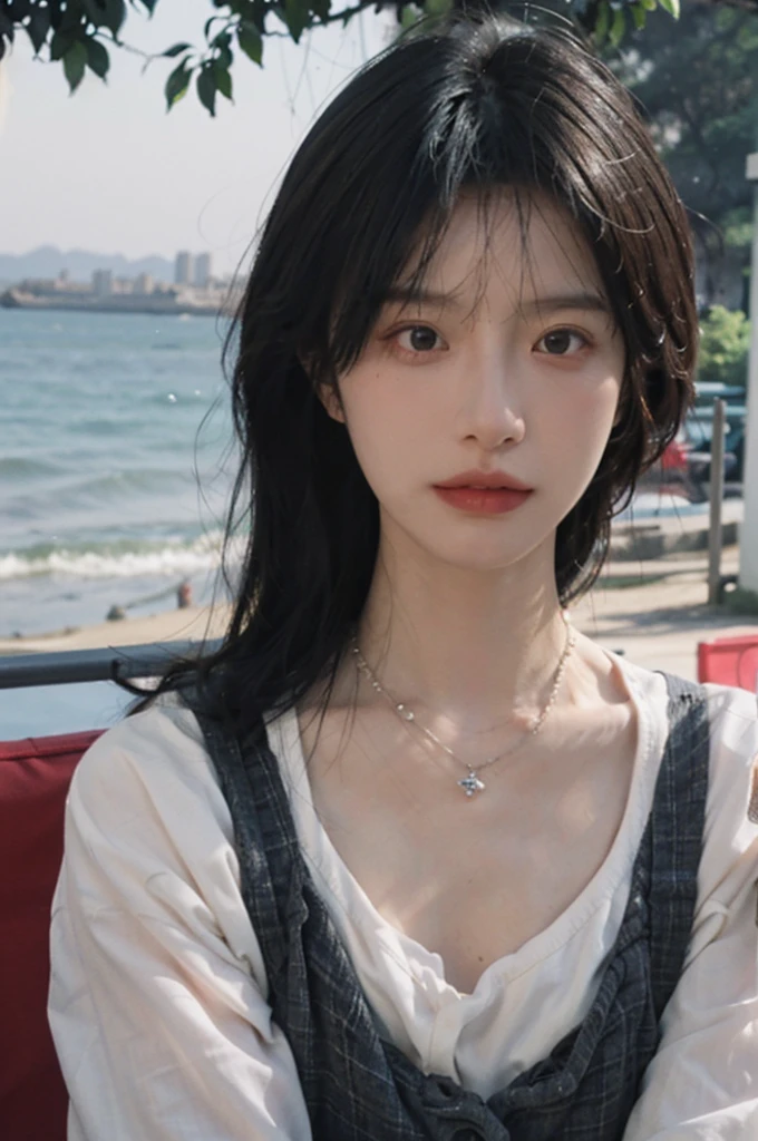 Film portrait photography, 1girls, Lipstick, (big chest:1.2), Wear a necklace, Cute expression, Exquisite makeup, black suspenders, serene, calm, (Realistic and detailed eyes, Natural skin texture, Realistic facial details), Soft dramatic lighting, Vibrant details, Detailed and detailed, Surreal, 35mm film, hazy, outdoor, Seaside background, seaside, Depth of Field, Bokeh