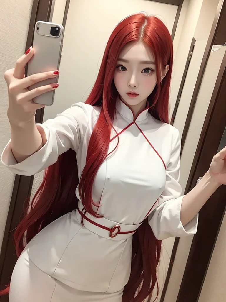 Korean with long red hair, white outfit, hair stuck, Selfie